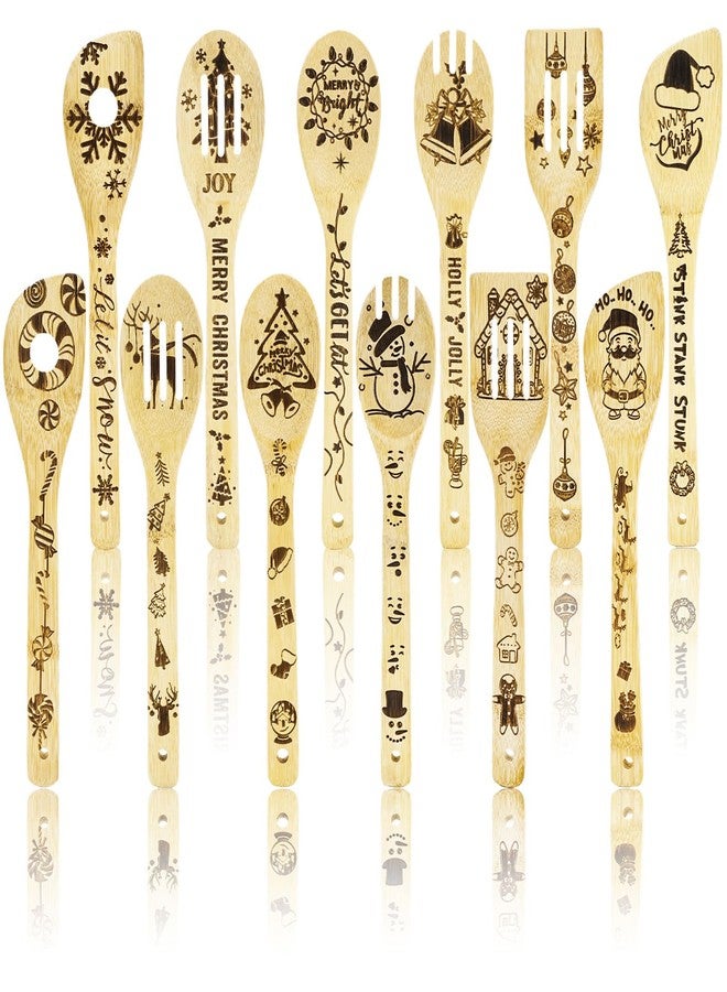 وولاين مجموعة ملاعق خشبية من والين، 12 قطعة، بتصميمات سانتا ورجل الثلج وشجرة عيد الميلاد، مصنوعة من الخشب الطبيعي المحروق، مثالية لتزيين حفلات عيد الميلاد ومستلزمات المطبخ المنزلي. - Image 1