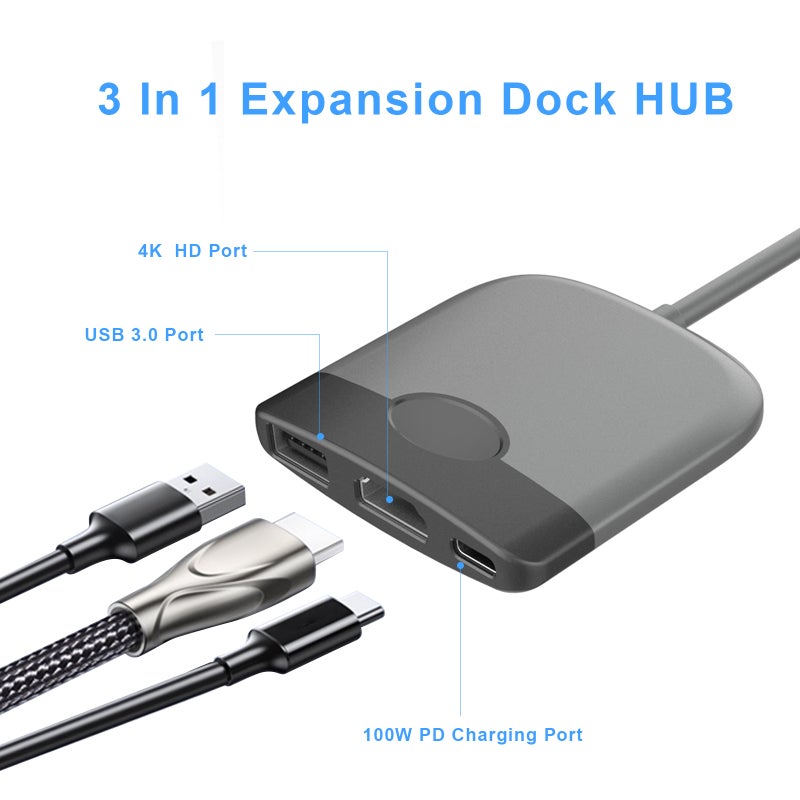 محطة توسيع متعددة الوظائف (HUB) من نوع Type-C إلى HD 3 في 1 مع منفذ USB 3.0 ومنفذ شحن USB-C للهواتف والأجهزة المحمولة (PC) - Image 4