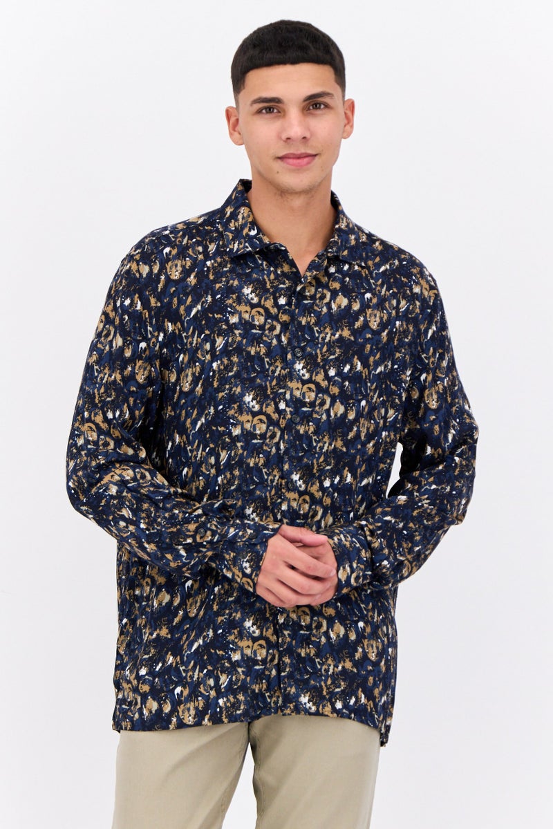 PERRY ELLIS Men Regular Fit  Paint Stroke-Print Long Sleeves Casual Shirt, Multicolor - Image 1