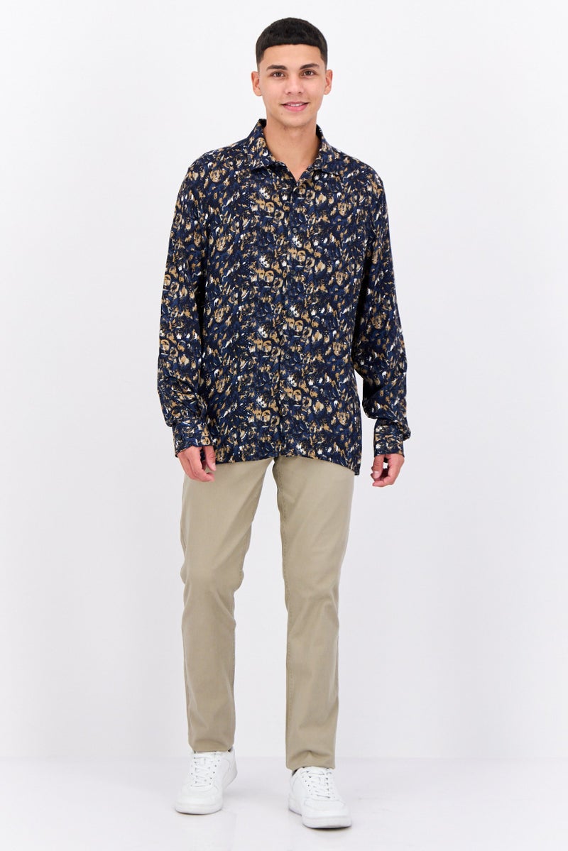 PERRY ELLIS Men Regular Fit  Paint Stroke-Print Long Sleeves Casual Shirt, Multicolor - Image 4