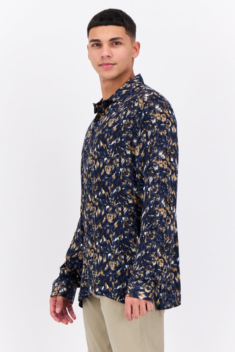 PERRY ELLIS Men Regular Fit  Paint Stroke-Print Long Sleeves Casual Shirt, Multicolor - Image 4
