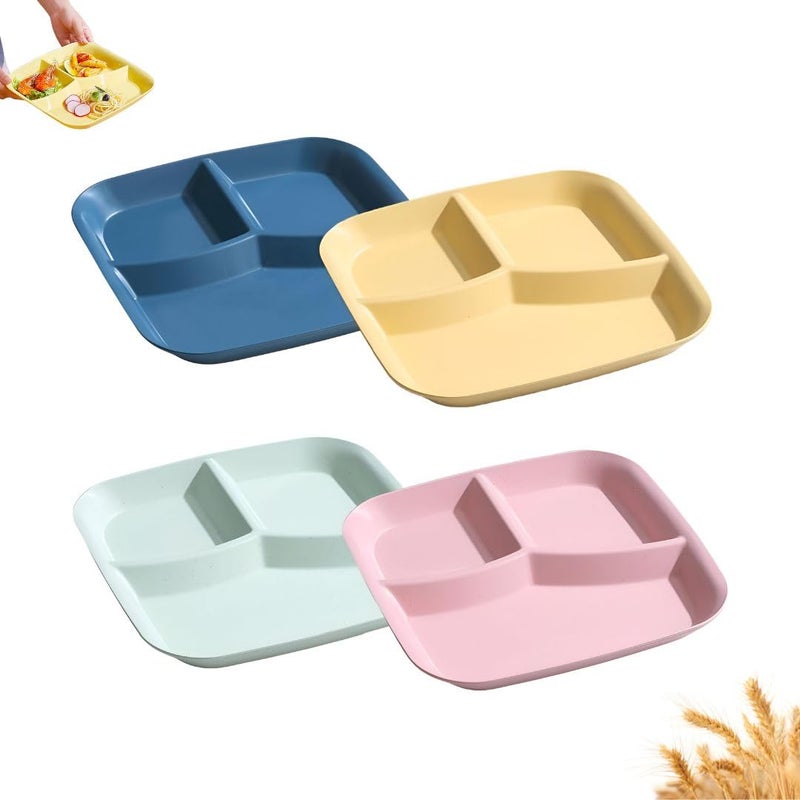 FLOXIT 4 Pcs Unbreakable Divided Plates Square Reusable Portion Control Plates Wheat Straw Lunch Trays Microwave Dishwasher Safe Tableware for Kids Adults Toddler Snack Meals Dinner Picnic Random - Image 1