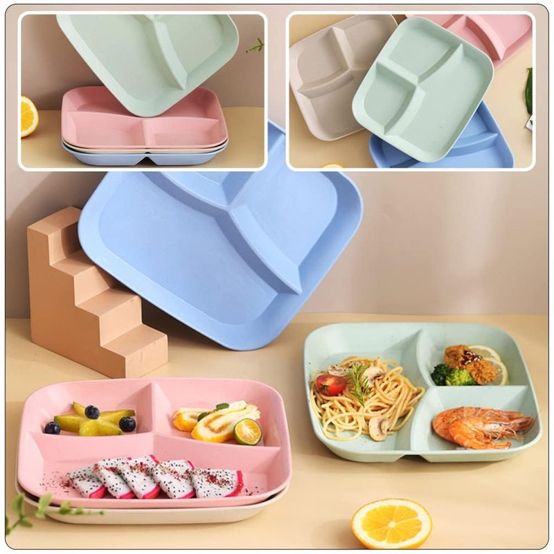 FLOXIT 4 Pcs Unbreakable Divided Plates Square Reusable Portion Control Plates Wheat Straw Lunch Trays Microwave Dishwasher Safe Tableware for Kids Adults Toddler Snack Meals Dinner Picnic Random - Image 4