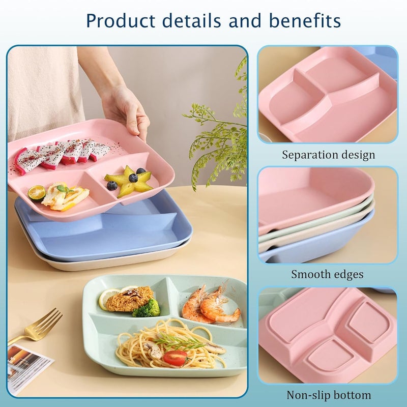 FLOXIT 4 Pcs Unbreakable Divided Plates Square Reusable Portion Control Plates Wheat Straw Lunch Trays Microwave Dishwasher Safe Tableware for Kids Adults Toddler Snack Meals Dinner Picnic Random - Image 5