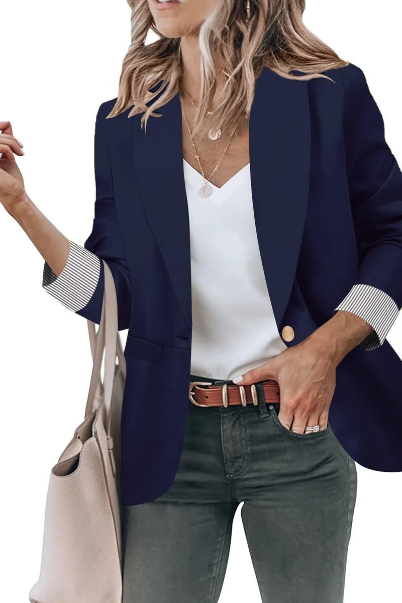 Genhoo Women's Open Front Long Sleeves Work Blazer Casual Buttons Jacket Suit Blazers Deep Blue Size X-Large - Image 1