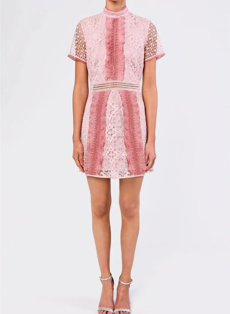 True Decadence Lana Blush Pink Mixed Lace Mini Dress
