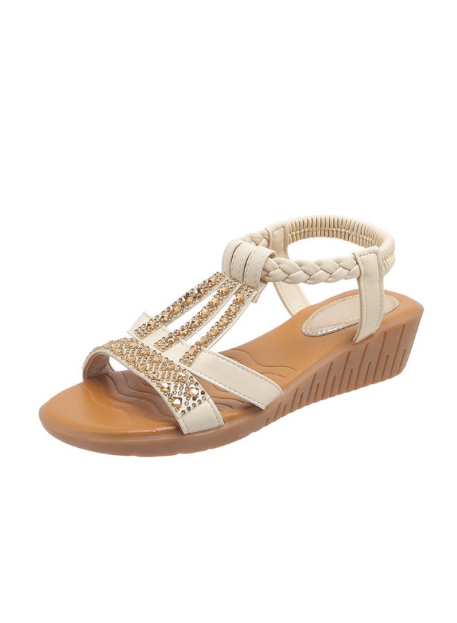Summer New Arrival Korean Style Fashionable Fish Beak Set Feet Wedge Heel Fashionable Casual Large Size  Rhinestone Roman Sandals