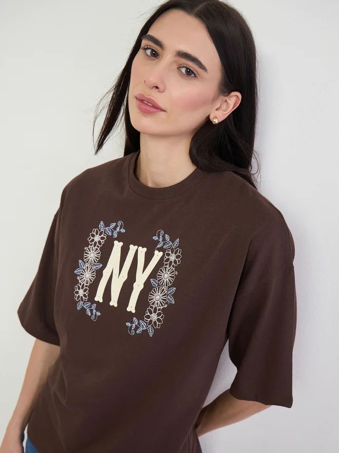 Styli Brown Oversized NY Print T-Shirt with Embroidery