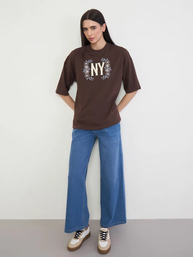 Styli Brown Oversized NY Print T-Shirt with Embroidery