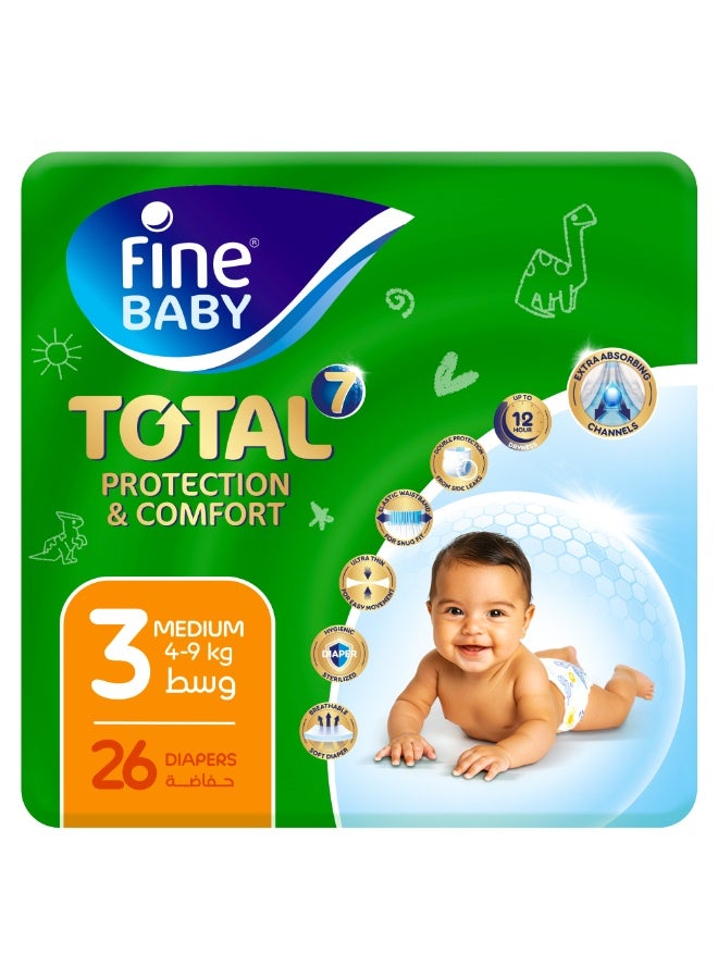 Fine Baby Total 7 Diapers, Size 3 Medium (4-9 kg), 26 Count – Soft, Absorbent & Leak Proof Baby Diapers