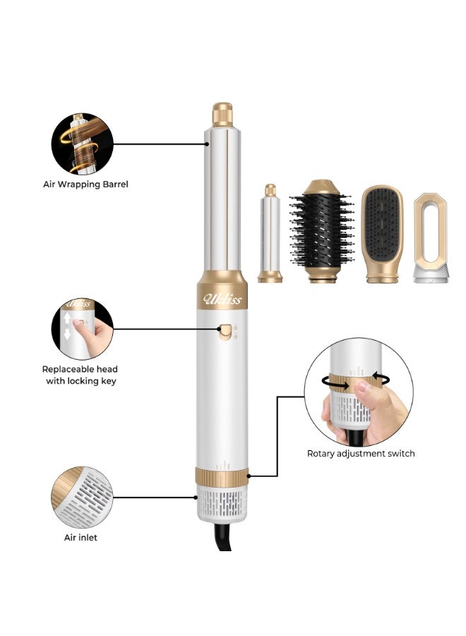 UKLISS 1000 Watt Hair Dryer Brush Ceramic Dryer And Styler 6 In 1 Professional white Hair Dryer & Styler with Hot Air Brush, Curling Wand, Diffuser Nozzles & Straightener Comb for Salon-Quality Styling at Home - Image 2