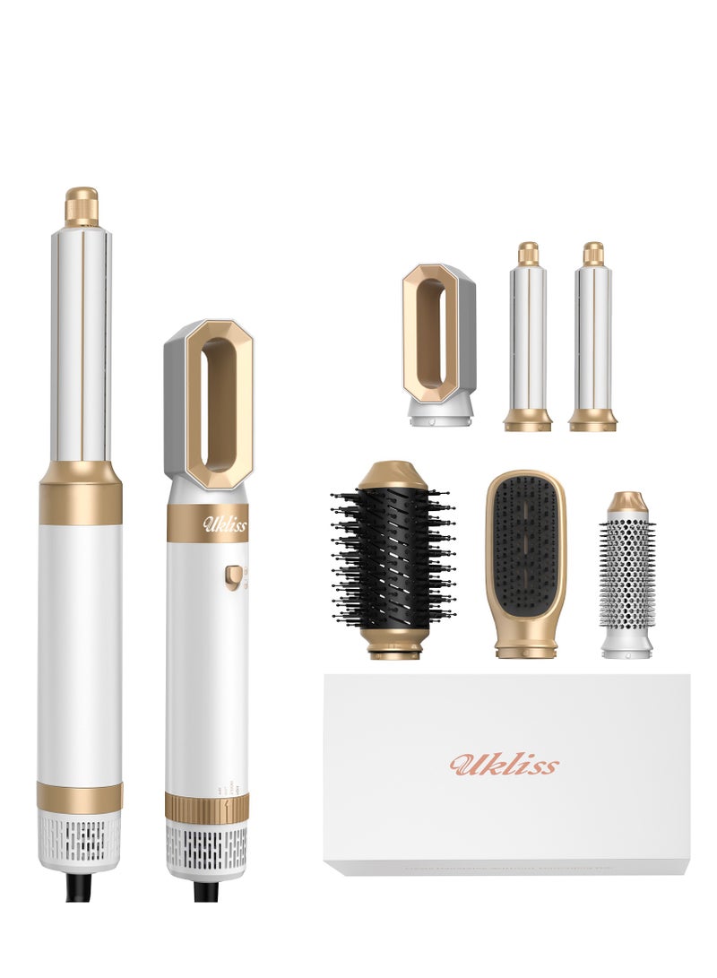 UKLISS 1000 Watt Hair Dryer Brush Ceramic Dryer And Styler 6 In 1 Professional white Hair Dryer & Styler with Hot Air Brush, Curling Wand, Diffuser Nozzles & Straightener Comb for Salon-Quality Styling at Home - Image 1