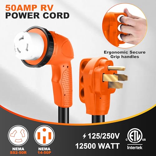 Ficstar 50 Amp RV Extension Cord 10 ft, Heavy Duty 6/3+8/1 SJTW AWG RV Power Cord with Grip Handle Twist Lock, NEMA 14-50P to SS2-50R with Polarity Lamp, Black - Image 2