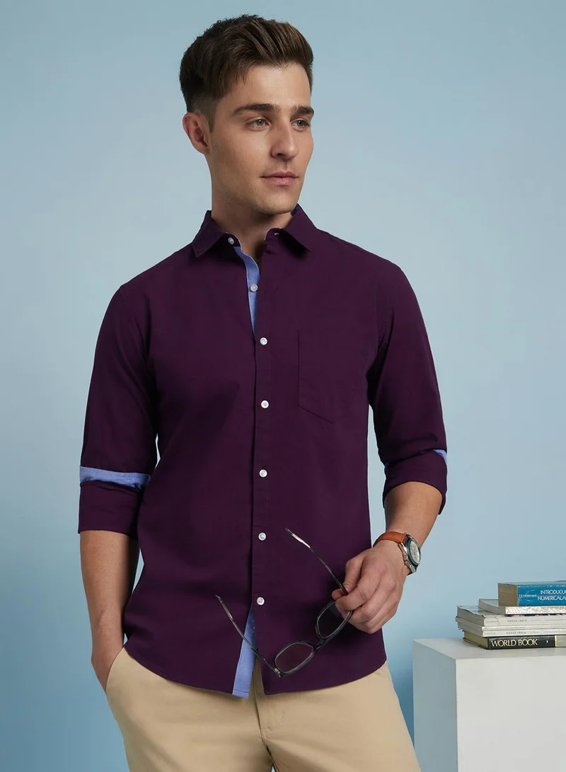 Dennis Lingo Men's Purple 100% Cotton Solid Button Down Regular Fit Shirt
