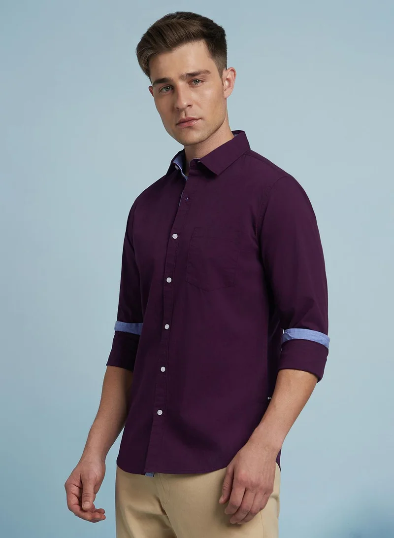Dennis Lingo Men's Purple 100% Cotton Solid Button Down Regular Fit Shirt