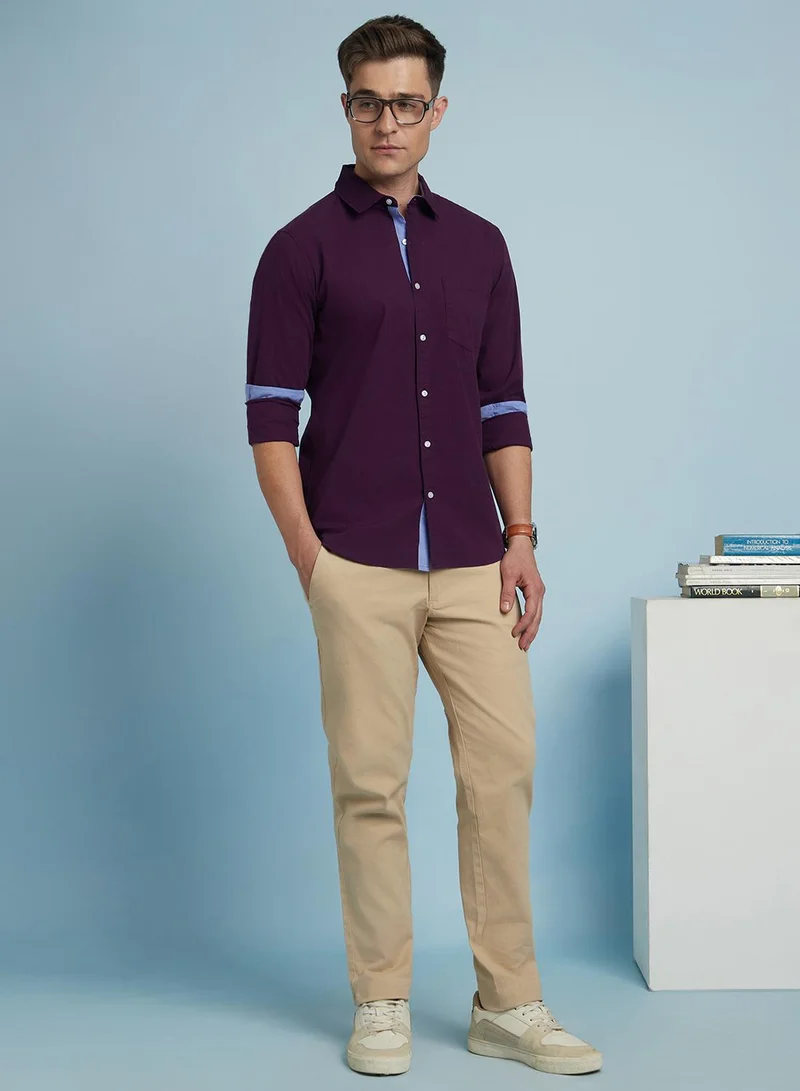 Dennis Lingo Men's Purple 100% Cotton Solid Button Down Regular Fit Shirt