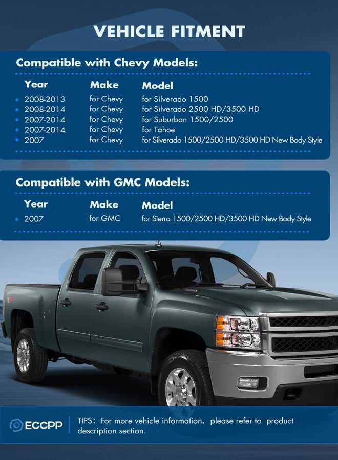 ECCPP Towing Mirrors Replacement fit for 2008-2013 for Chevy for Avalanche for Tahoe for Silverado for Suburban for GMC for Sierra 1500 for Yukon Power Heated Arrow Signal Towing Mirrors - Image 2