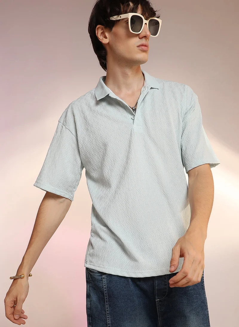 Men's Baby Blue Rhombus-Textured Polo T-Shirt