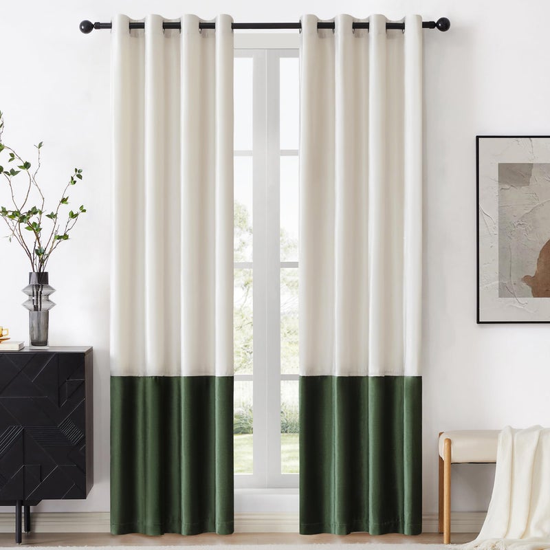 BULBUL Color Block Window Curtains Panels 84 inches Long Cream Ivory Green Velvet Farmhouse Drapes for Bedroom Living Room Darkening Treatment with Grommet Set of 2 - Image 1
