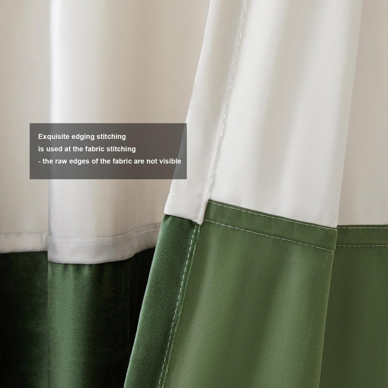 BULBUL Color Block Window Curtains Panels 84 inches Long Cream Ivory Green Velvet Farmhouse Drapes for Bedroom Living Room Darkening Treatment with Grommet Set of 2 - Image 3