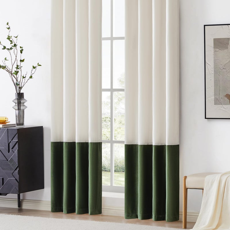 BULBUL Color Block Window Curtains Panels 84 inches Long Cream Ivory Green Velvet Farmhouse Drapes for Bedroom Living Room Darkening Treatment with Grommet Set of 2 - Image 4