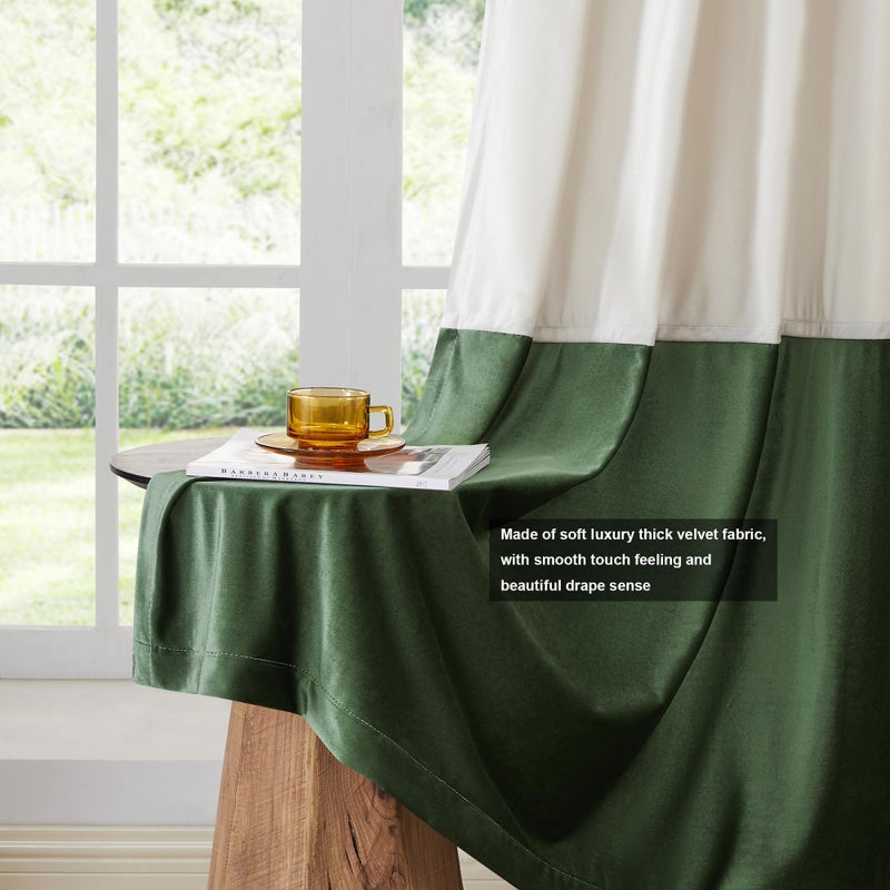 BULBUL Color Block Window Curtains Panels 84 inches Long Cream Ivory Green Velvet Farmhouse Drapes for Bedroom Living Room Darkening Treatment with Grommet Set of 2 - Image 5