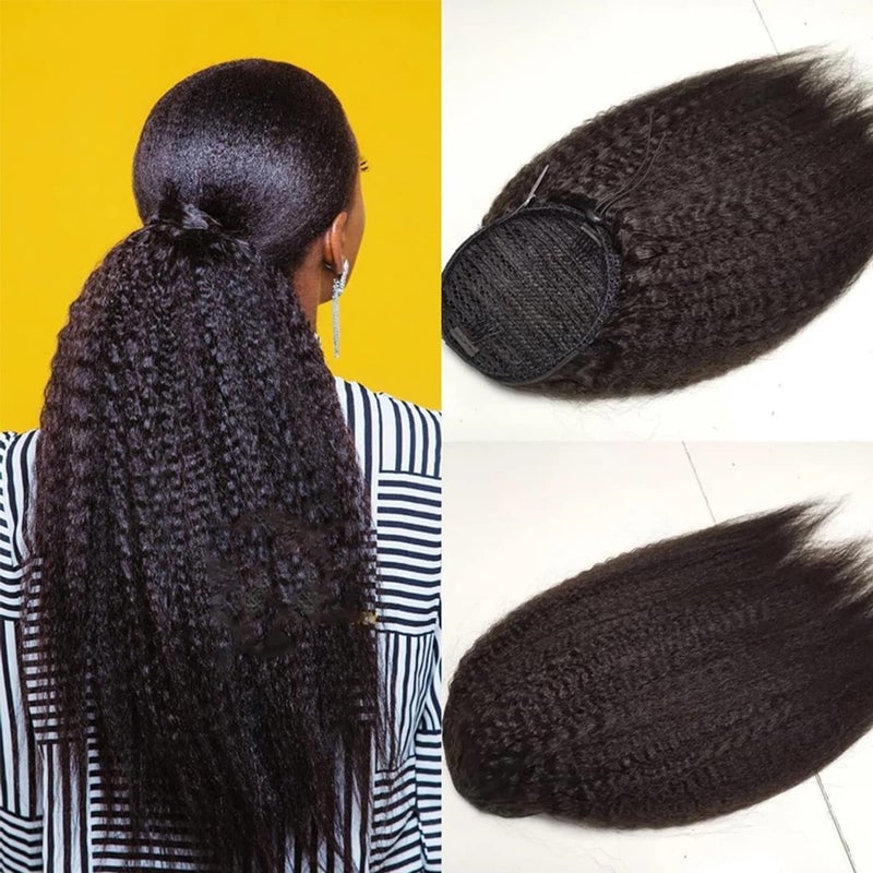 18 Inch Kinky Straight Human Hair Ponytail for Balck Women Yaki Straight Remy Human Hair Drawstring Ponytail Extension 10A Grade Afro Yaki Clip In Pony Tail Hairpiece 120g Natural Color 18 Inch