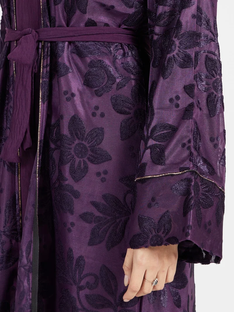 Reem Abayas  Deep Plum Textured Floral Lace Abaya Set for Women | Best Price UAE