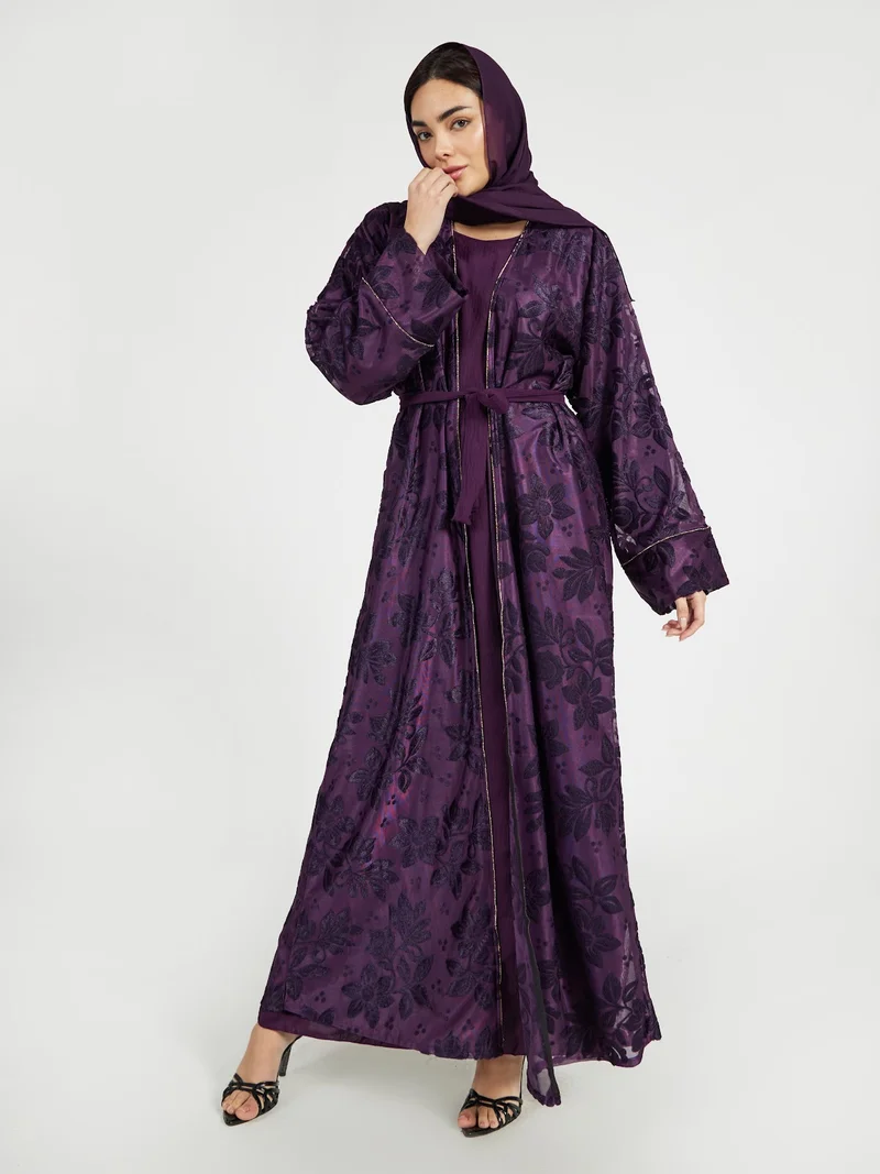 Reem Abayas Deep Plum Textured Floral Lace Abaya Set