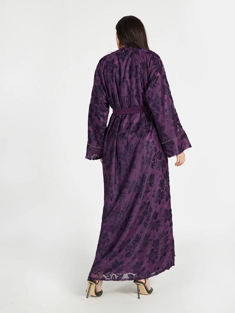 Reem Abayas  Deep Plum Textured Floral Lace Abaya Set for Women | Best Price UAE