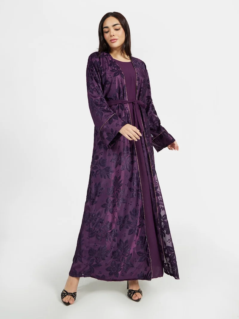 Reem Abayas Deep Plum Textured Floral Lace Abaya Set
