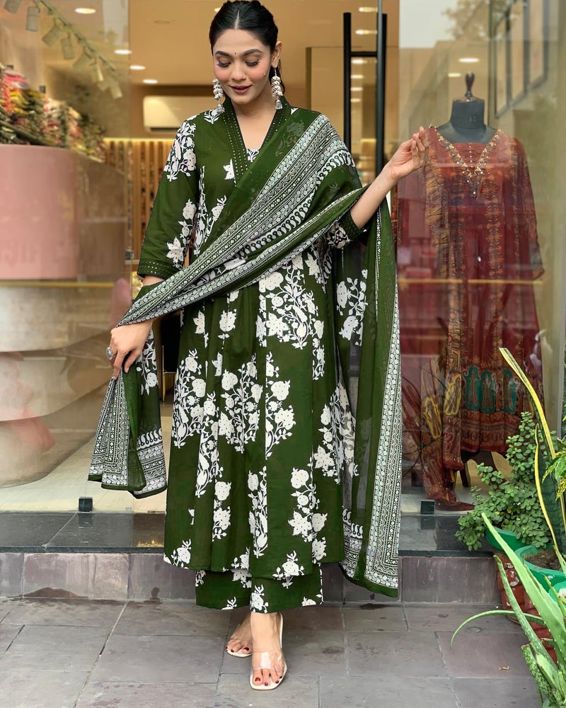 Toochki Dress for Women | Kurti Set for Women's | Anarkali Fit & Flared Kurtas for Woman | Cotton Kurtis for Woman's | Kurta with Palazzo & Dupatta | Ethnic Salwar Suits Sets Dress Olive Green - Image 4