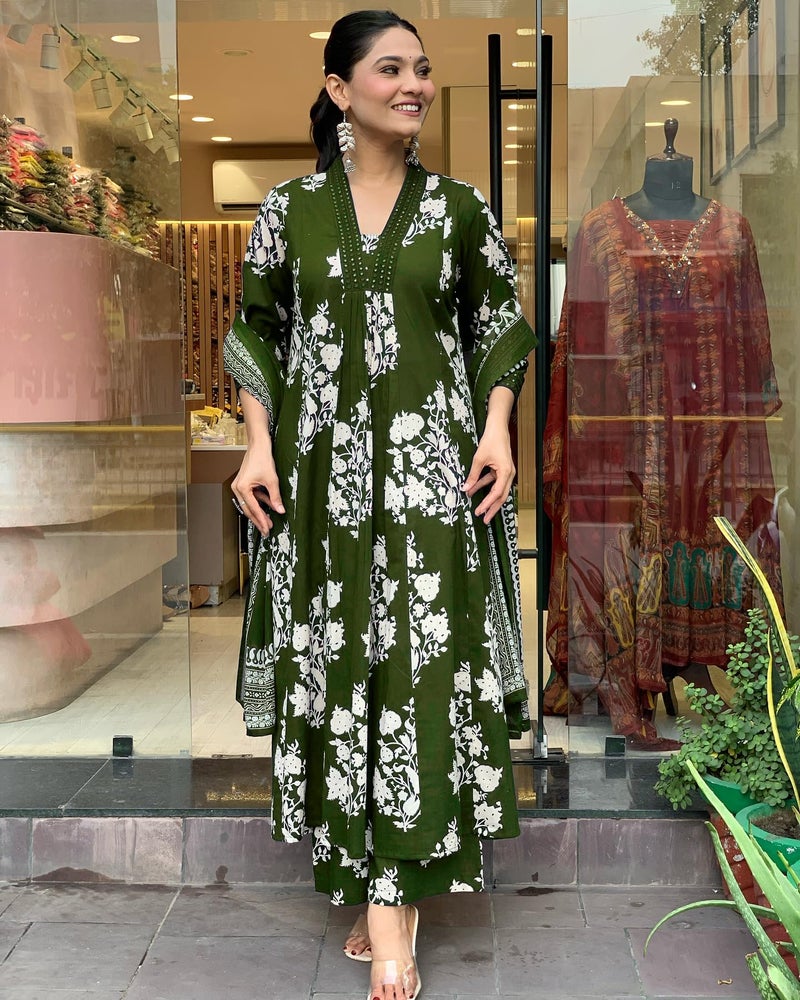Toochki Dress for Women | Kurti Set for Women's | Anarkali Fit & Flared Kurtas for Woman | Cotton Kurtis for Woman's | Kurta with Palazzo & Dupatta | Ethnic Salwar Suits Sets Dress Olive Green - Image 2