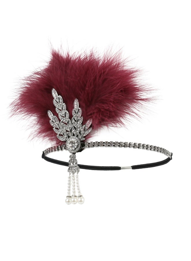 1920s Feather Headwear, Rhinestone Headpiece, Roaring 20s Great Gatsby Headpiece Hair Accessories for Women(Wine Red) - Image 1