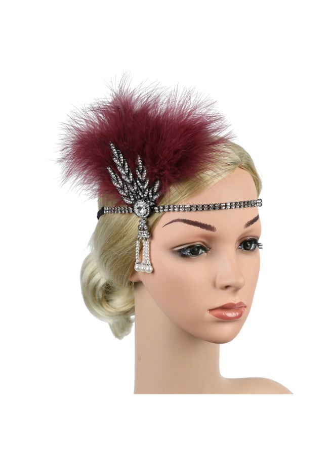 1920s Feather Headwear, Rhinestone Headpiece, Roaring 20s Great Gatsby Headpiece Hair Accessories for Women(Wine Red) - Image 5