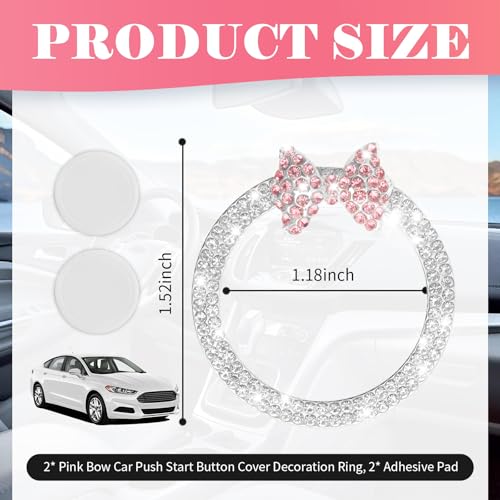 VKQTS 2PCS Pink Bow Car Engine Start Button Cover,Bling Cute Car Push to Start Button Cover Decoration Ring with Rhinestone,Cars Starts Buttons Covers Pink Bow Cars Accessories (Style 1) - Image 2