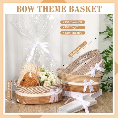 Colingmill 3 Pack Graduation Small Bow Woven Basket Empty with Handles Gift Bags and Ribbon 12 x 8 x 5 Gift Baskets to Fill Storage Box Pet Toy Wedding PresentsBrown - Image 3