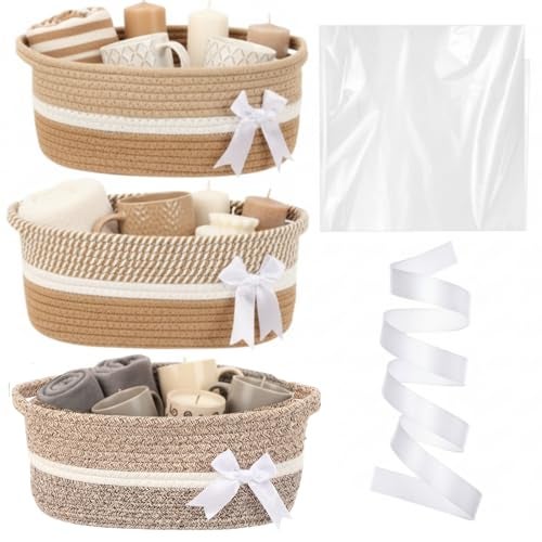 Colingmill 3 Pack Graduation Small Bow Woven Basket Empty with Handles Gift Bags and Ribbon 12 x 8 x 5 Gift Baskets to Fill Storage Box Pet Toy Wedding PresentsBrown - Image 1
