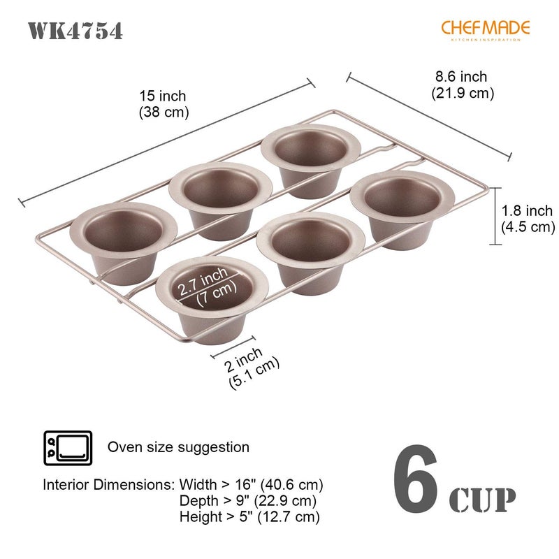 CHEFMADE Popover Cake Pan, 6-Cavity Non-Stick Yorkshire Muffin Cupcake Pan Bakeware for Oven Baking (Champagne Gold) - Image 2