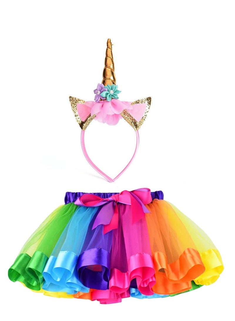 Girls Layered Rainbow Tutu Skirt with Unicorn Horn Headband Outfits for Birthday Party Dress Up,M  - Image 1