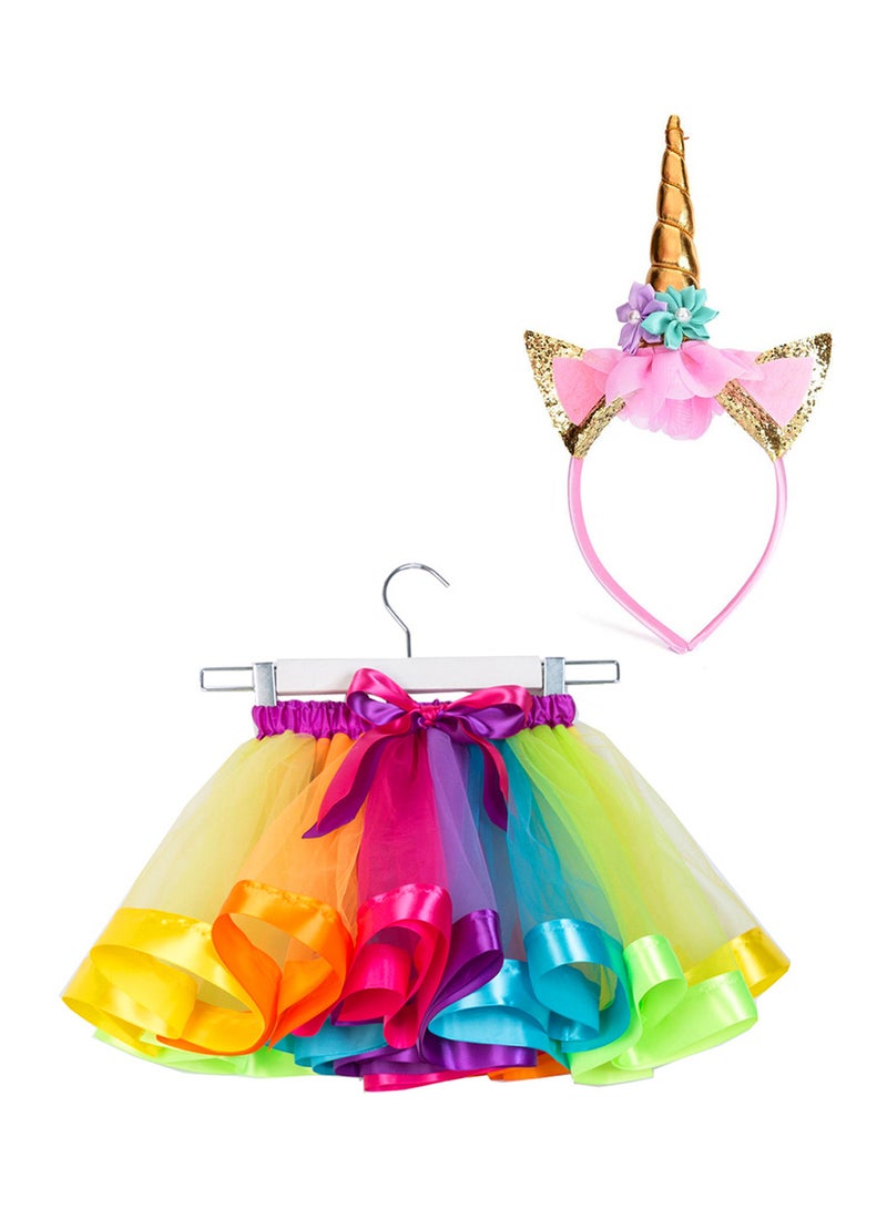 Girls Layered Rainbow Tutu Skirt with Unicorn Horn Headband Outfits for Birthday Party Dress Up,M  - Image 2