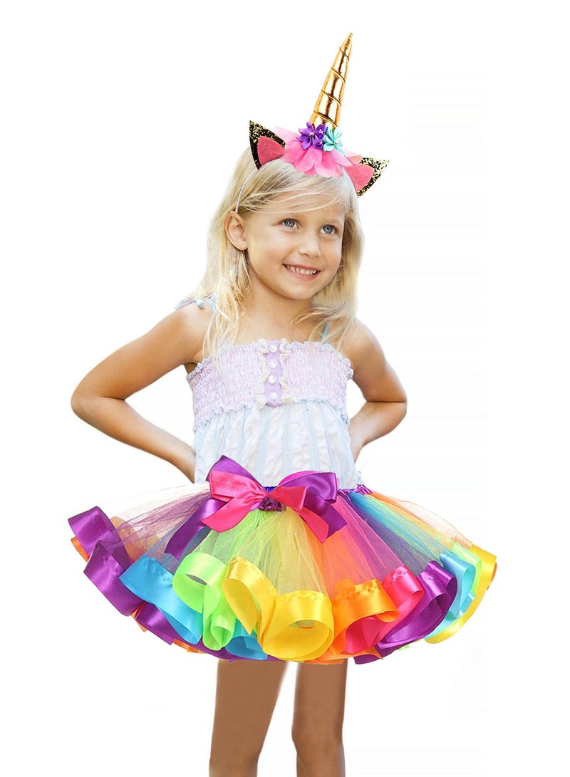 Girls Layered Rainbow Tutu Skirt with Unicorn Horn Headband Outfits for Birthday Party Dress Up,M  - Image 3