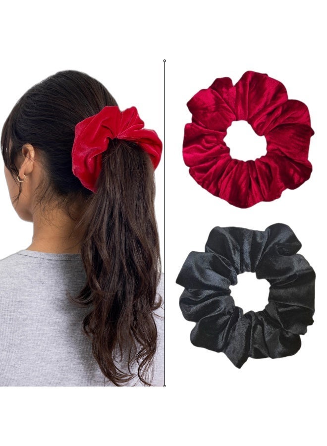 Luxury Velvet Scrunchies Set for Women & Girls - Soft Elastic Hair Ties, Black & Red, No Damage Hair Accessories - Image 1