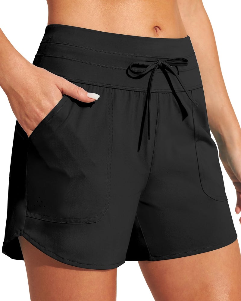 IUGA Womens 5" Swim Board Shorts Stretchy High Waisted Beach Shorts for Women Quick Dry UPF 50+ Swimsuit Bottoms with Liner Black - Image 1