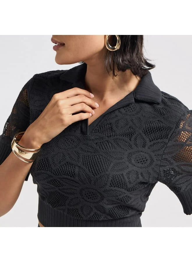 Splash FAV Lace Textured T-shirt with Collar and Short Sleeves