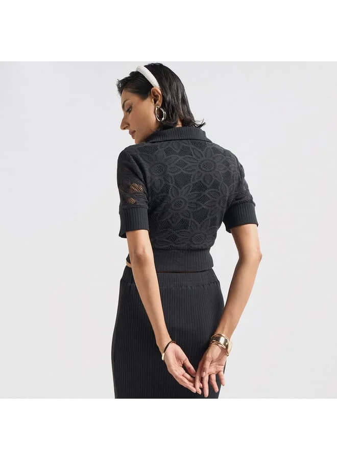 Splash FAV Lace Textured T-shirt with Collar and Short Sleeves