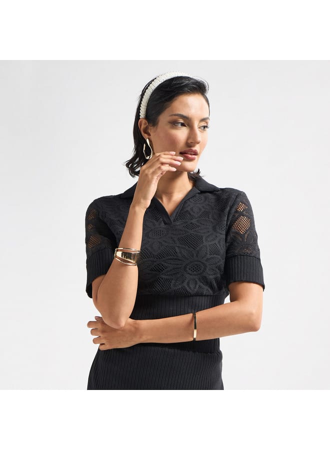 Splash FAV Lace Textured T-shirt with Collar and Short Sleeves - Image 1