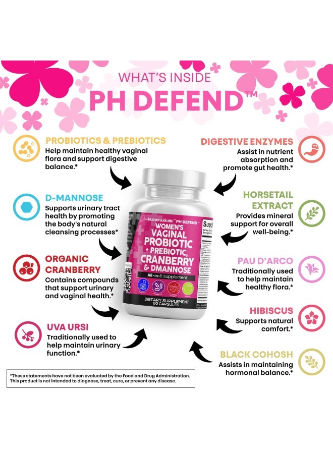 Clean Nutraceuticals | PH Defend Vaginal Probiotics for Women with Cranberry, D-Mannose & Prebiotics – Feminine Health, pH Balance & Urinary Tract Support – 60 Capsules - Image 2
