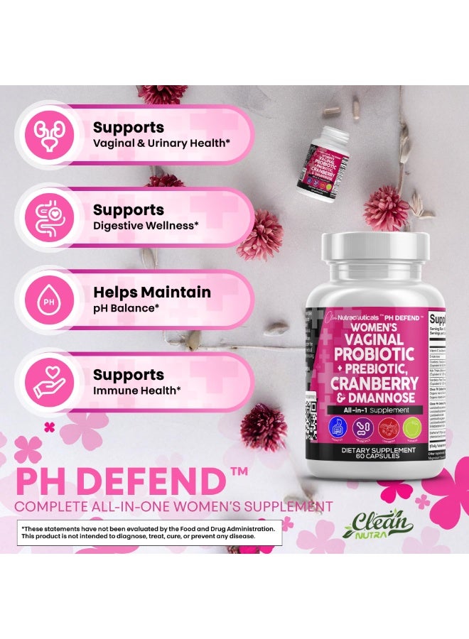 Clean Nutraceuticals | PH Defend Vaginal Probiotics for Women with Cranberry, D-Mannose & Prebiotics – Feminine Health, pH Balance & Urinary Tract Support – 60 Capsules - Image 5