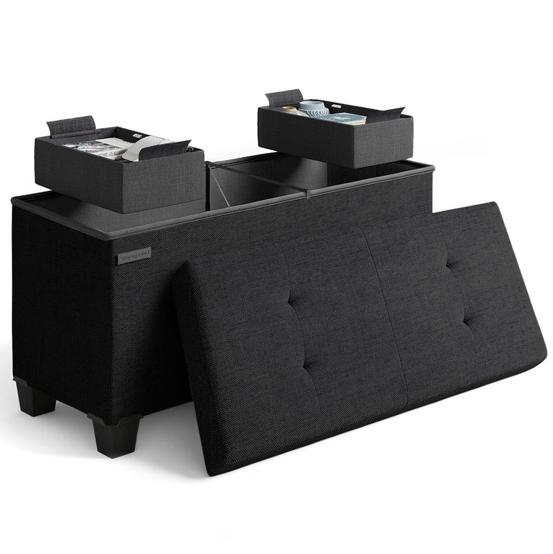 Storage Ottoman Bench with Bins 30in Storage Bench for Bedroom End of Bed Folding Foot Rest Ottoman for Living Room Max 660lbs Fabric Ottomans Black